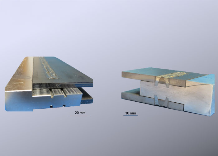 Een in het kader van het samenwerkingsproject ontwikkelde aluminium-staal-adapter, frontaal en in doorsnede. Schalen: 20 mm (links) en 10 mm (rechts). (Foto: LZH)