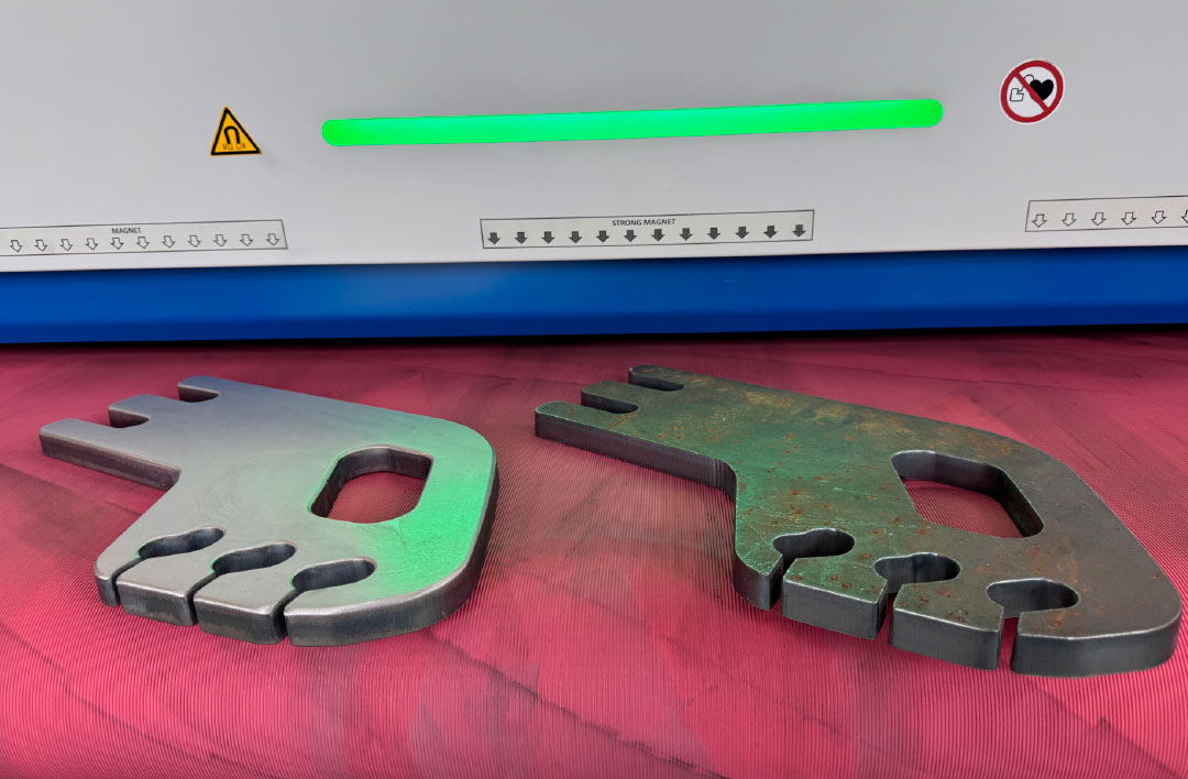 De RotoMaster TdSRm-1500 haalt slakken en bramen van plaatdelen af rondt de kanten af.